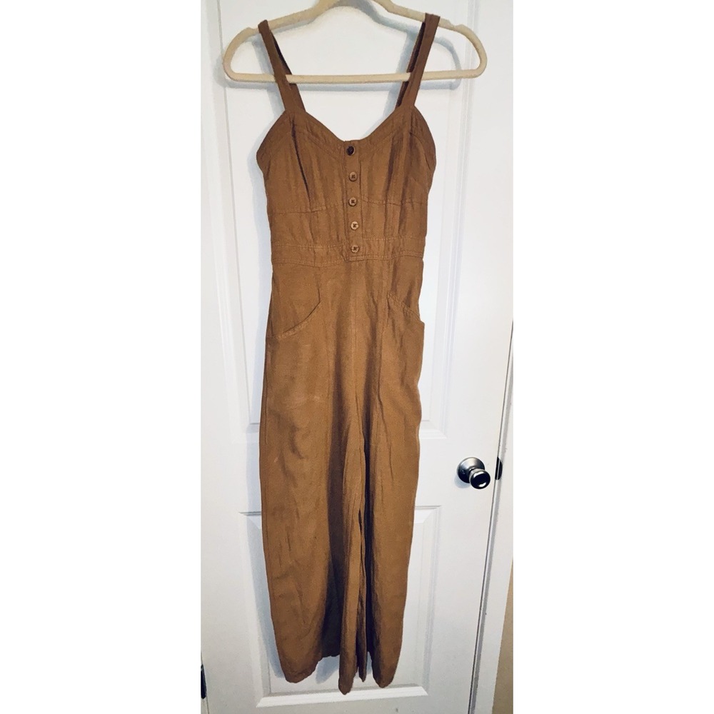 Japna Brown Linen Blend Wide Leg Jumpsuit Size Small Boho Button Front Pockets